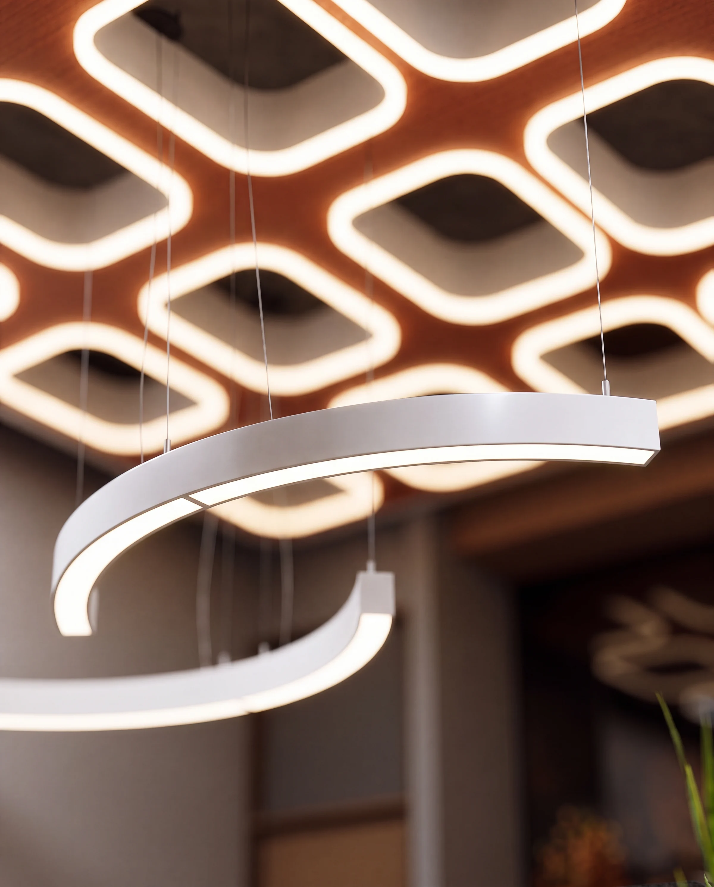 Ring pendant hanging below the coffered ceiling