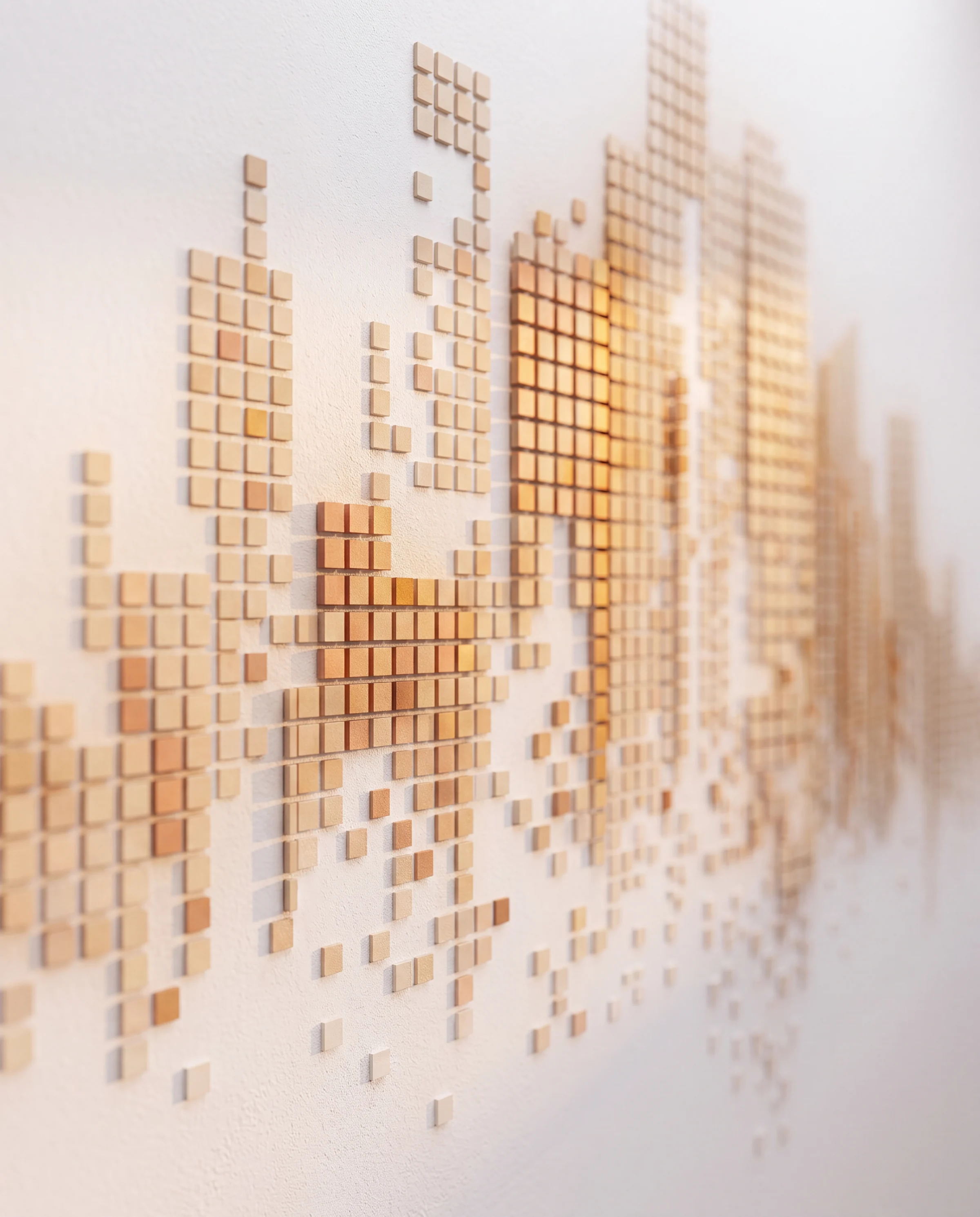Wall relief of small timber blocks forming a skyline