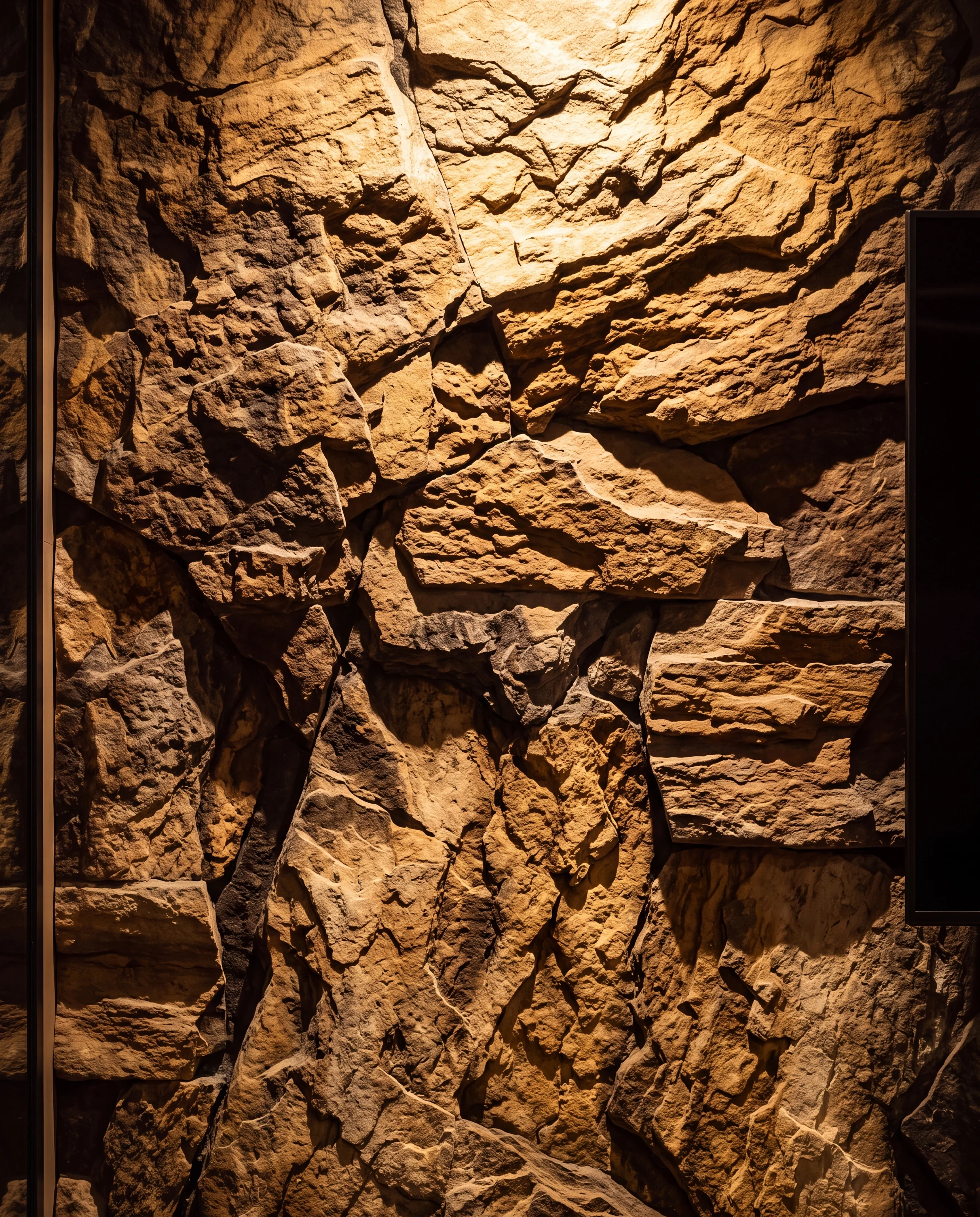 Raw rock wall lit from above