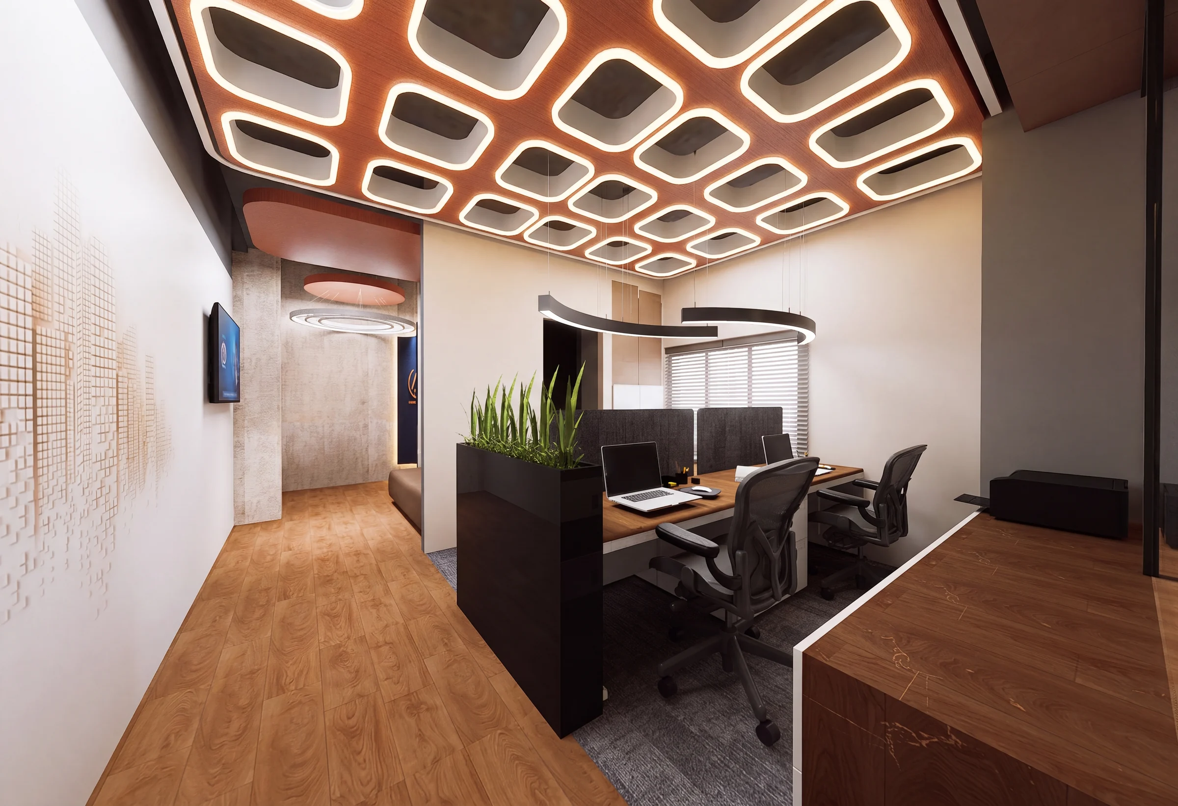 View down the office: oak floor, planter-screened workstations and the coffered ceiling
