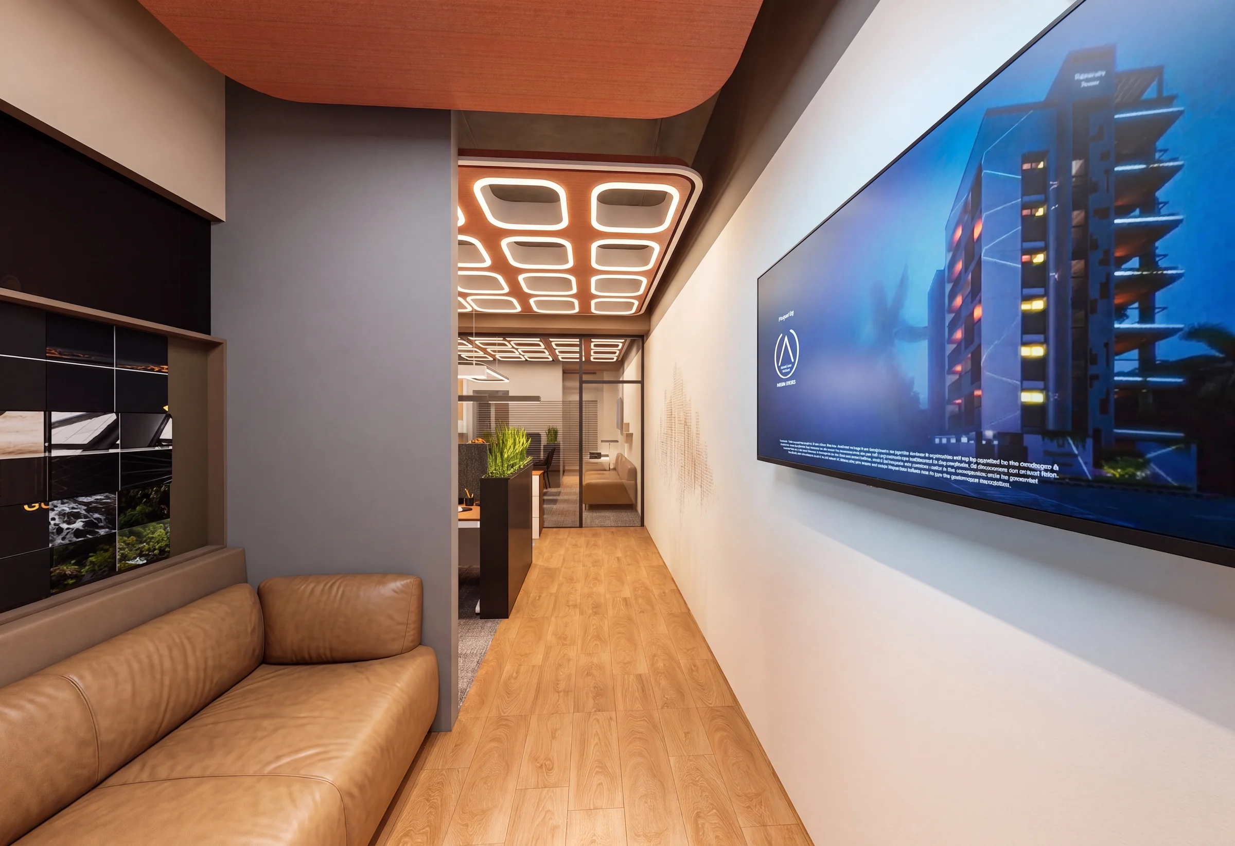 Reception with a tan leather sofa, oak floor and a long display wall