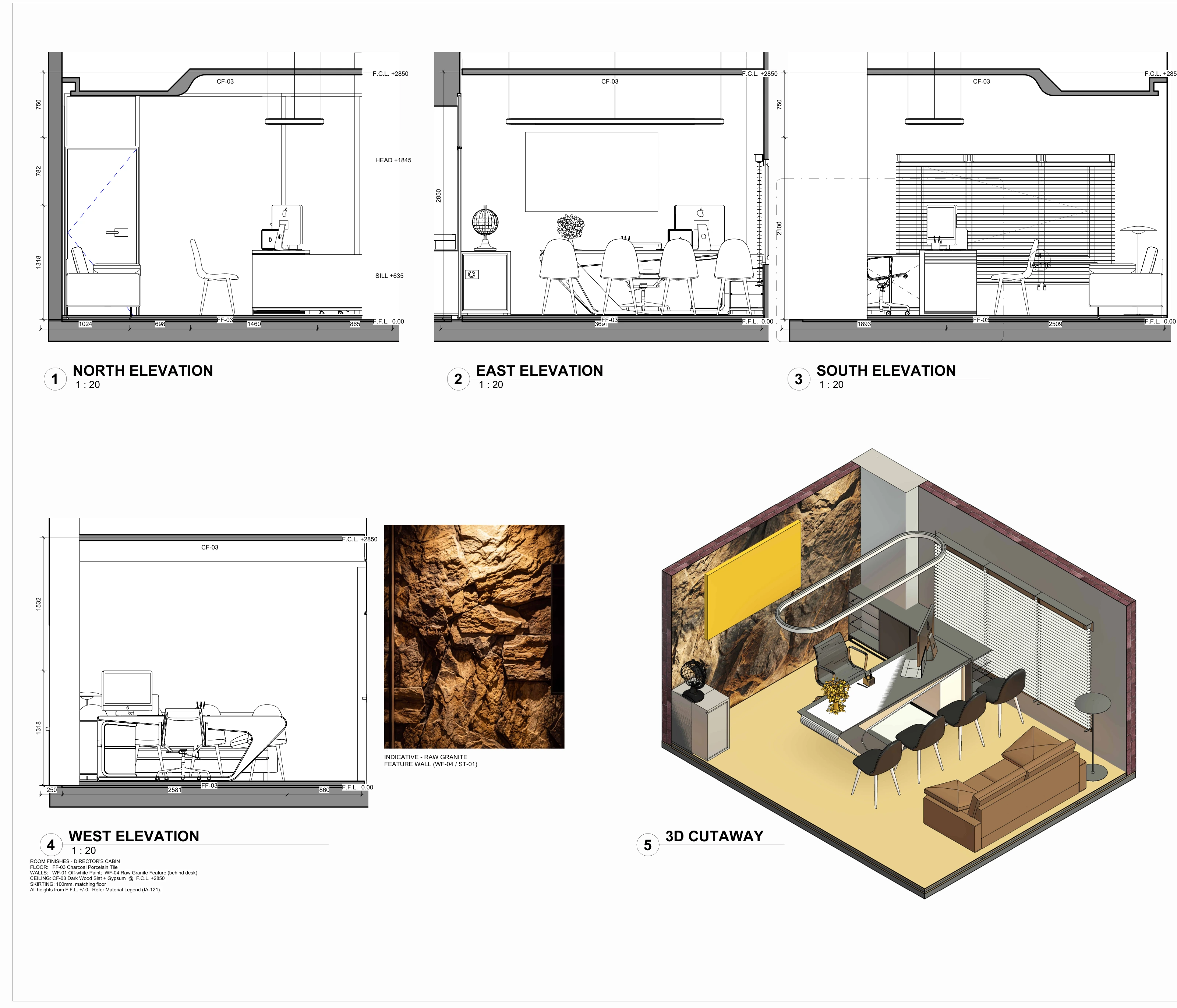 Four interior elevations of the director's cabin and a cutaway view