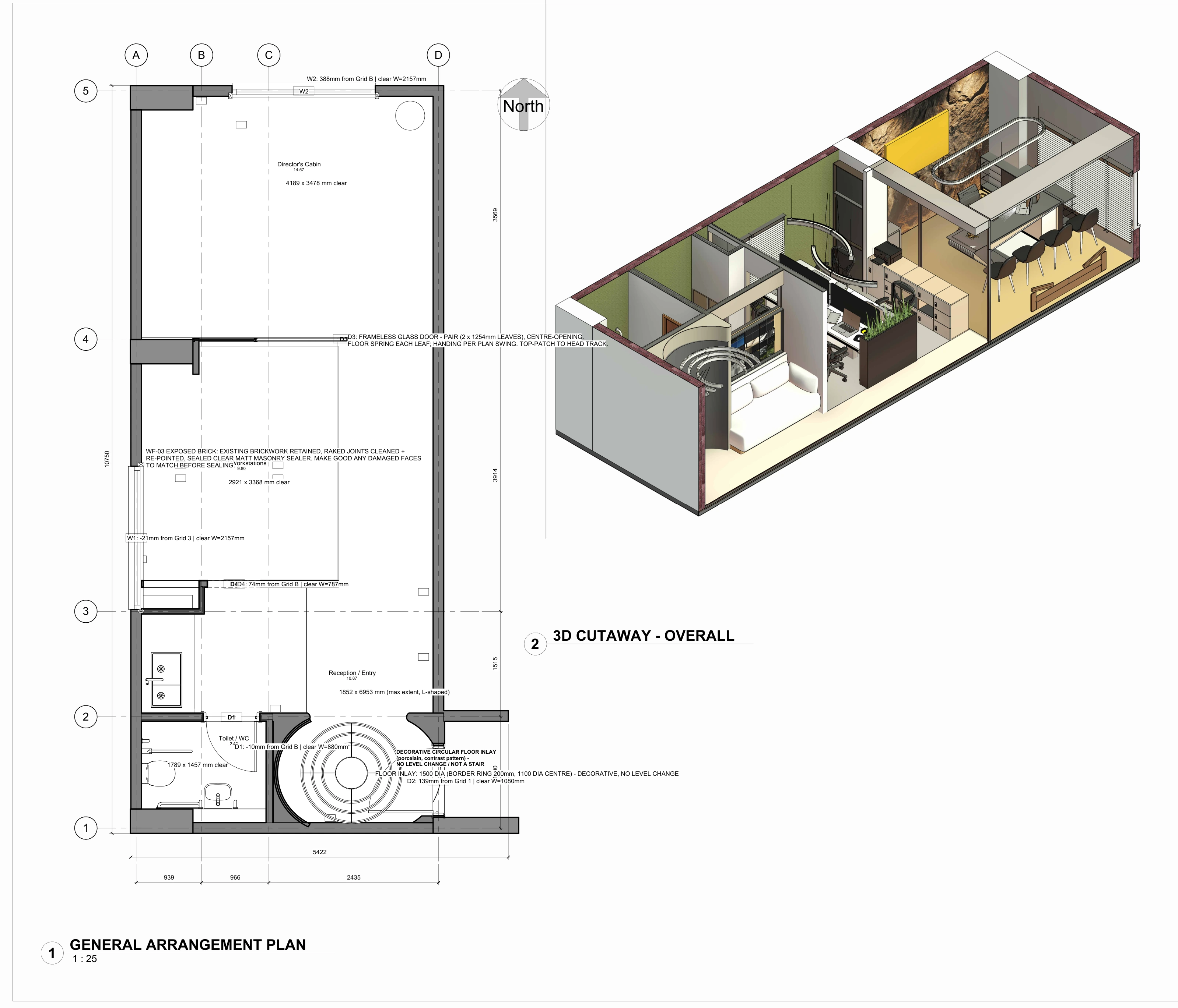 General arrangement plan of the office with a cutaway view