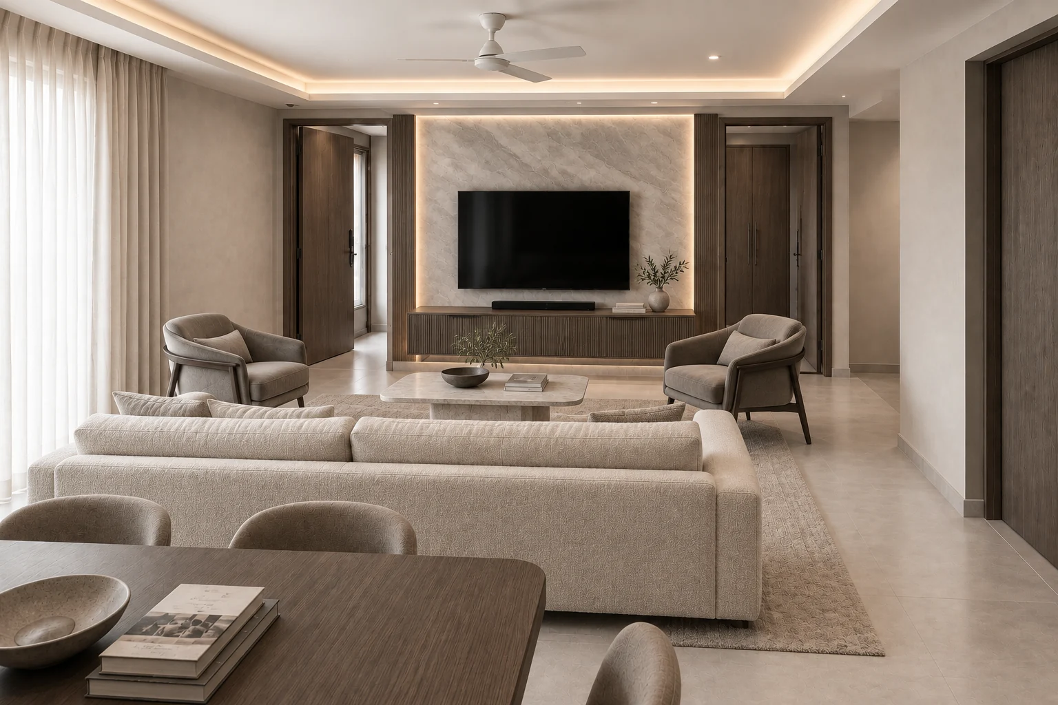 Mineral Atelier: living room, sofa group facing the television wall