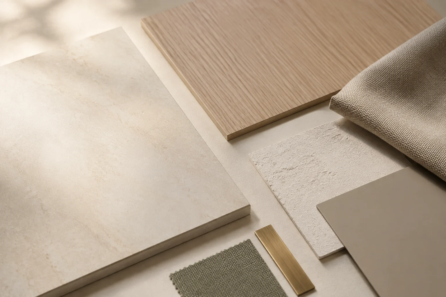 Material board: pale stone, ribbed oak, linen and a brass trim