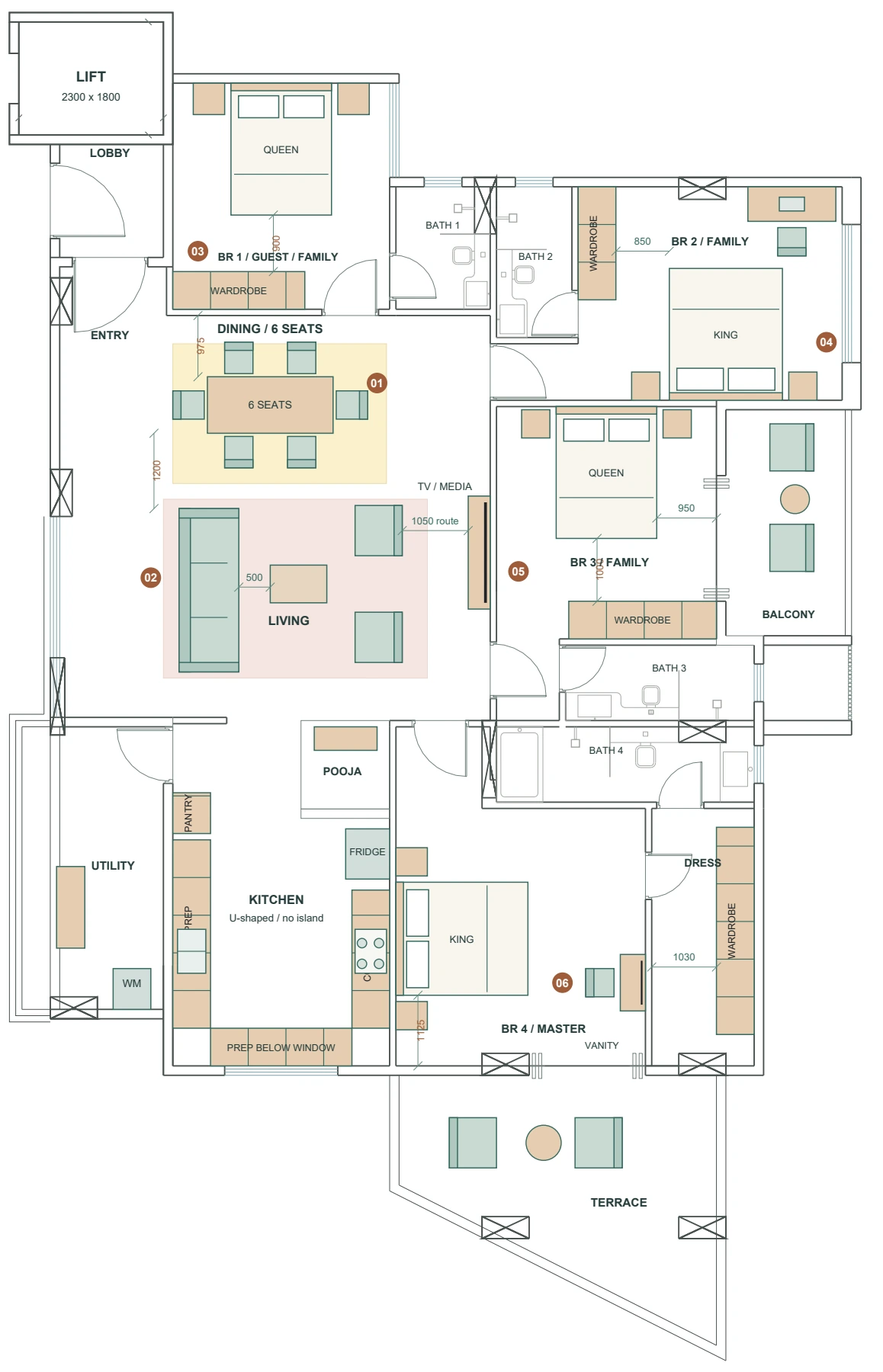 Furniture plan of a four-bedroom apartment with dining, living, kitchen and terrace