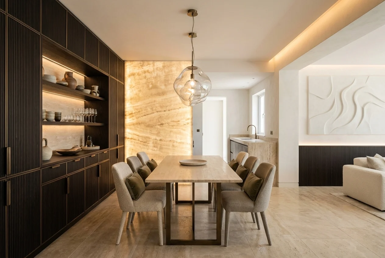 Dining table beside a dark display wall and backlit stone
