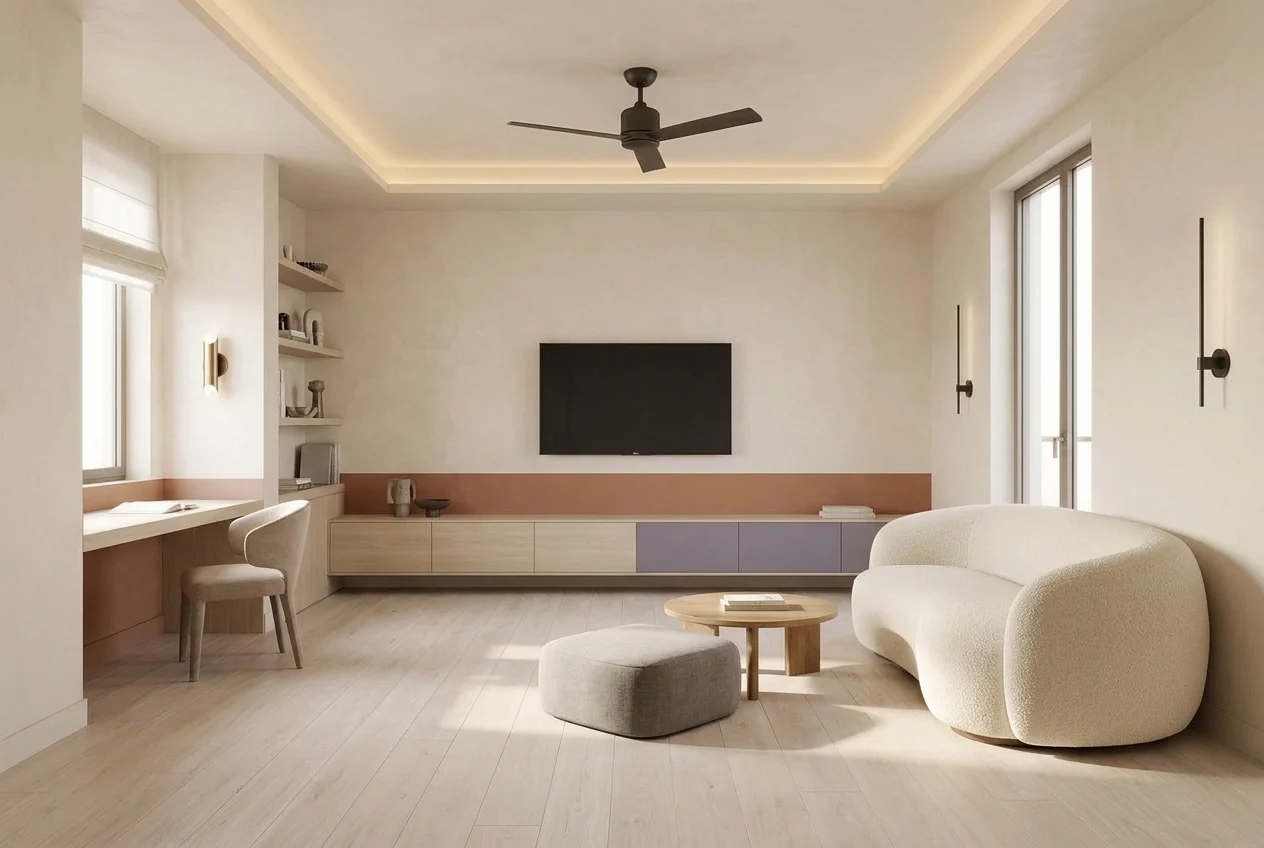 Family living room in pale plaster and light oak