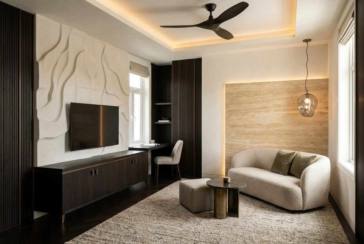 Family living room with dark fluted timber, plaster relief and travertine