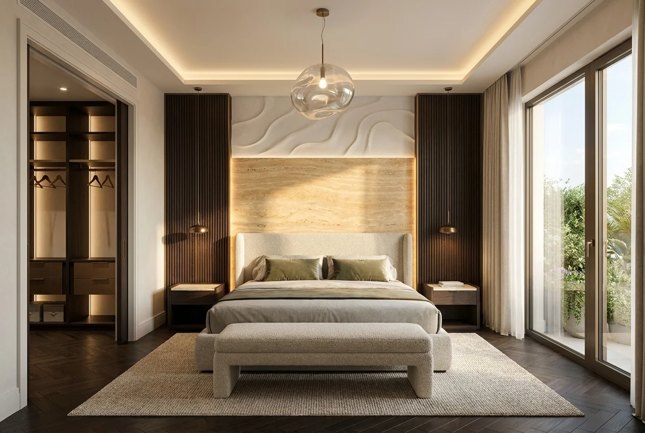 Master bedroom with a travertine headboard panel and plaster relief