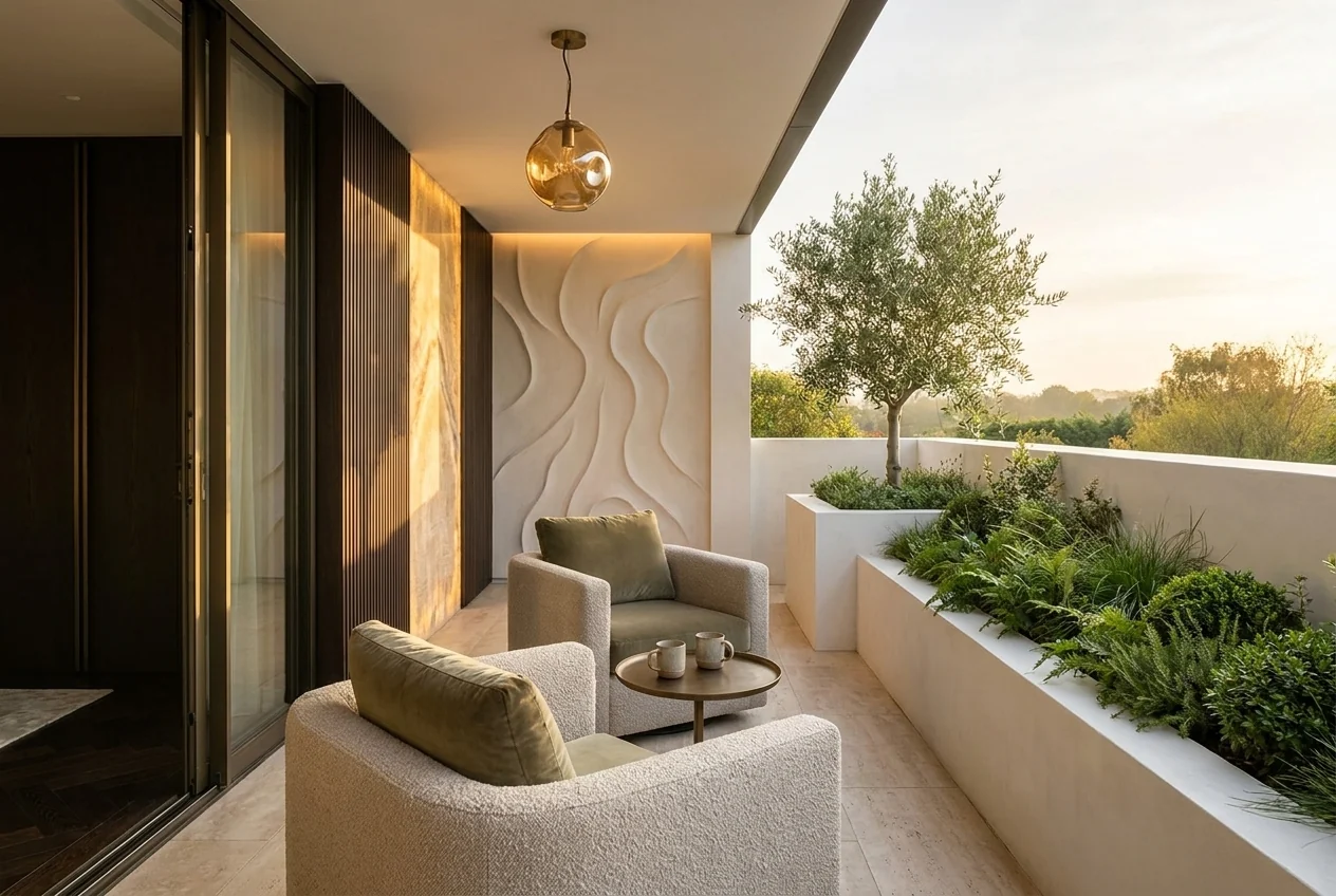 Terrace lounge with a raised planter and an olive tree at sunset