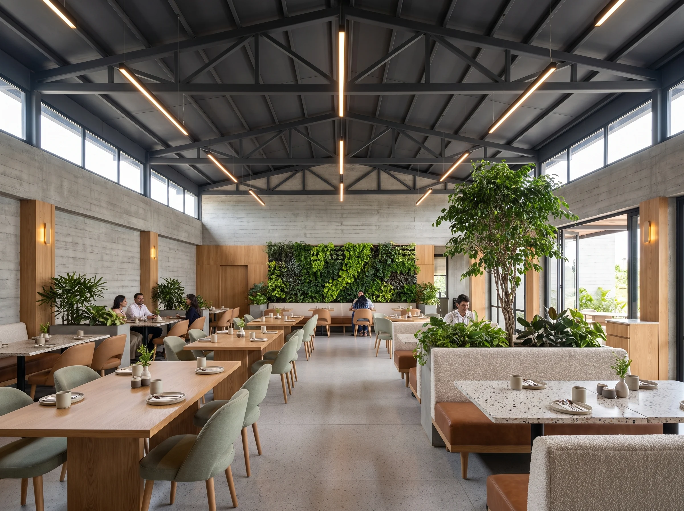 Dining hall with exposed graphite trusses, pale walls and a planted wall