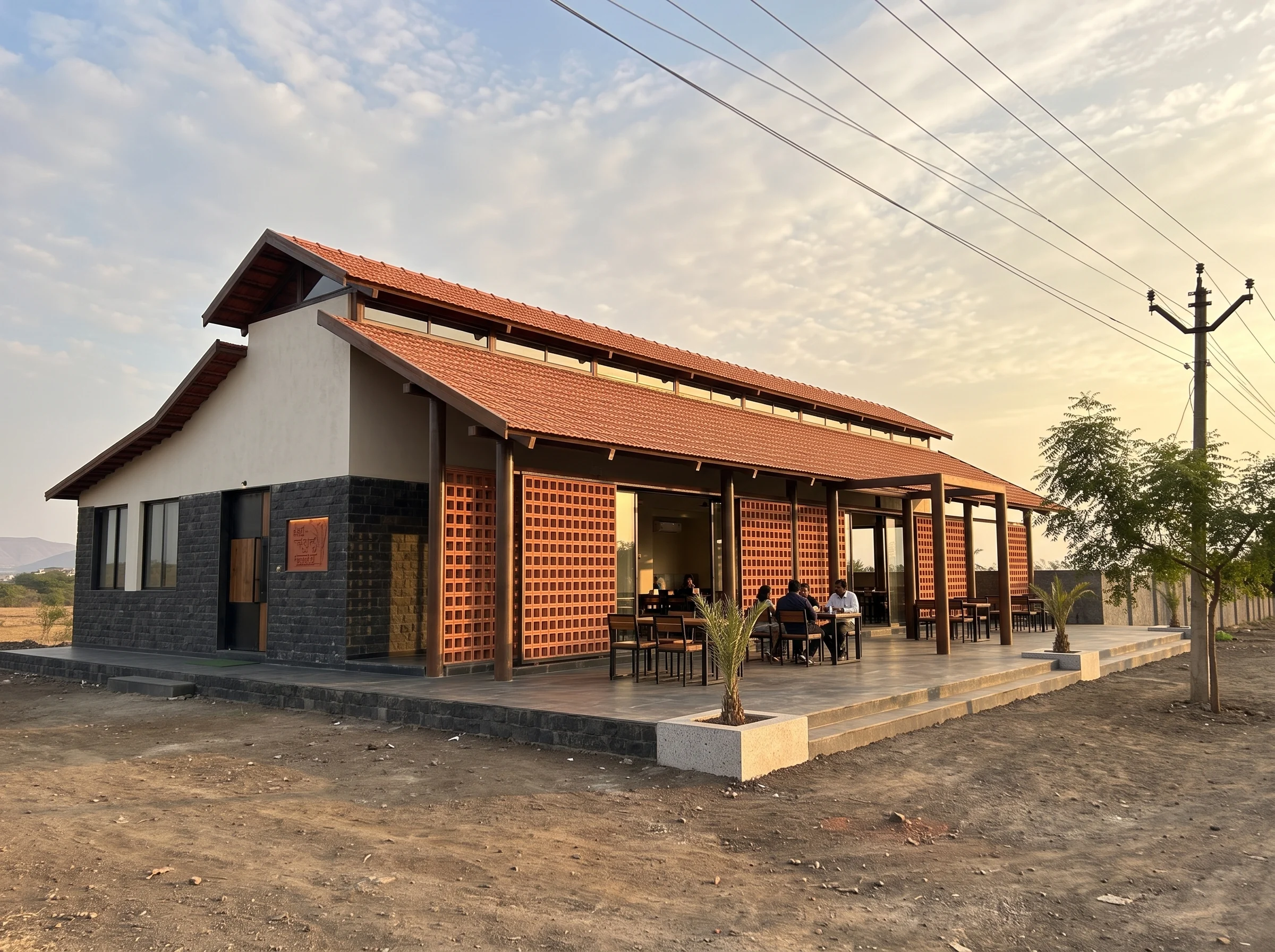 Deccan contemporary option: dark stone, grey plaster and brick jaali screens