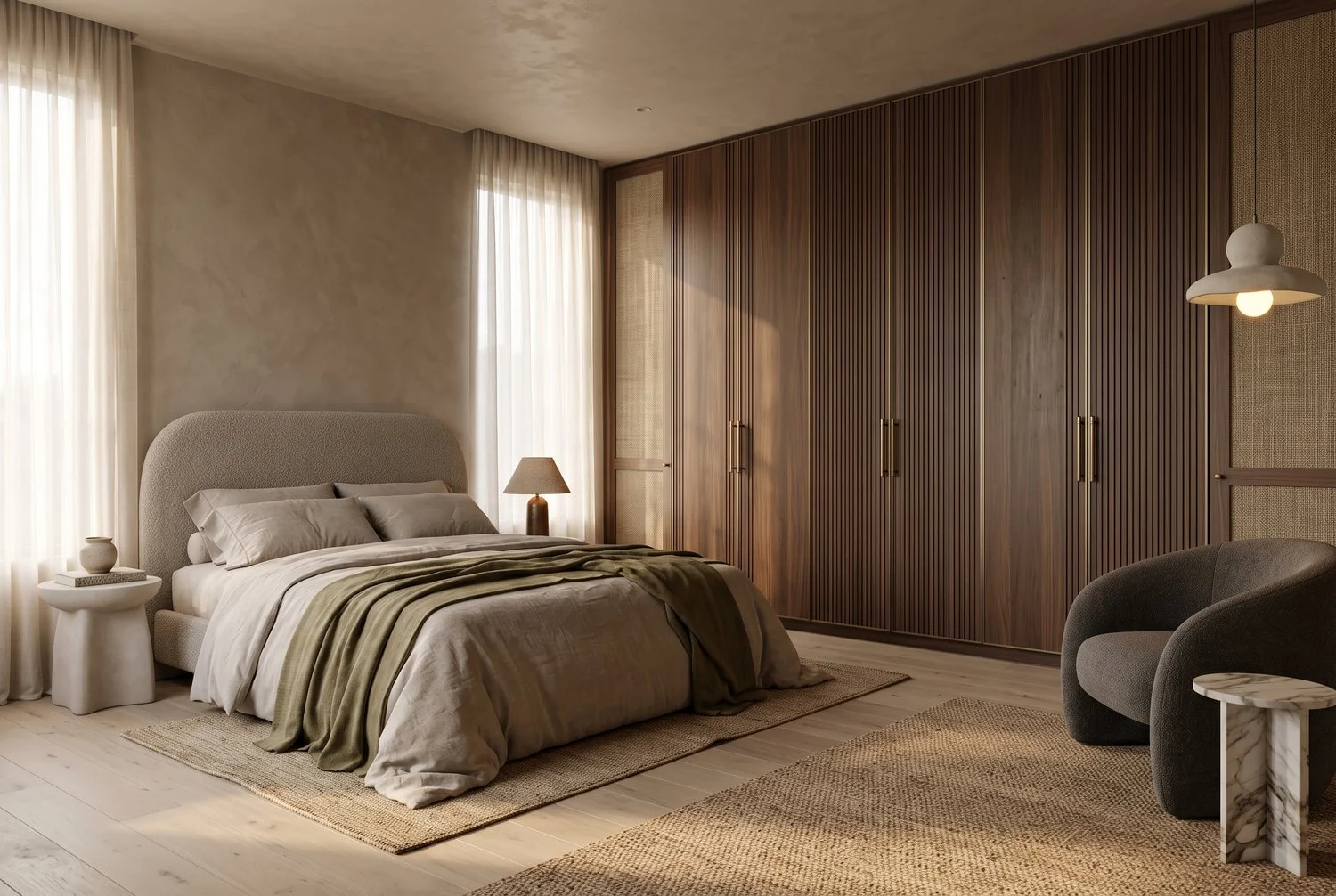 Bedroom with a boucle headboard, fluted walnut wardrobe and a plaster pendant